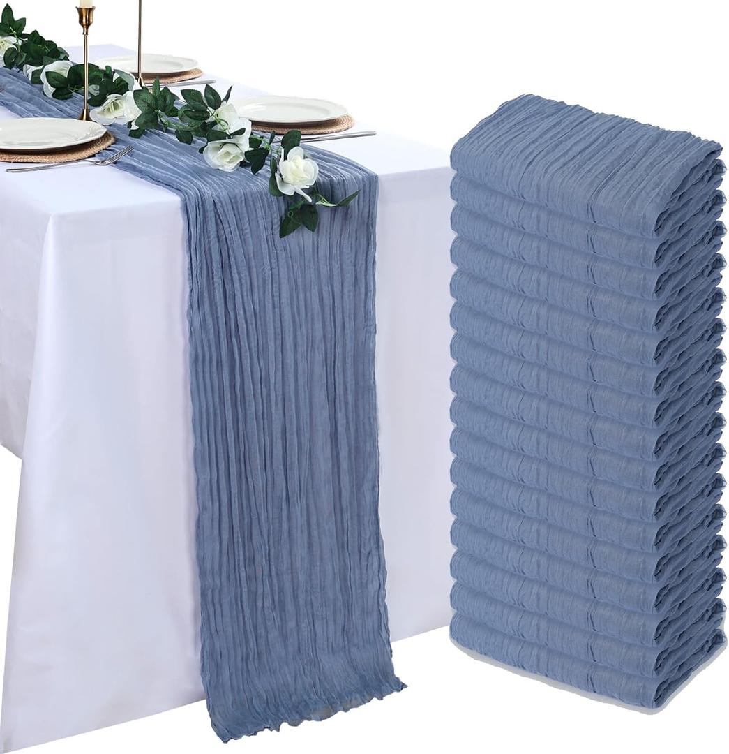 16 Pack Dusty Blue Cheesecloth Table Runner 10ft Boho Gauze Fabric 120 Inch Cheese Cloth Table Runner Rustic Sheer for Holiday Baby Shower Party Décor Home Wedding Decoration