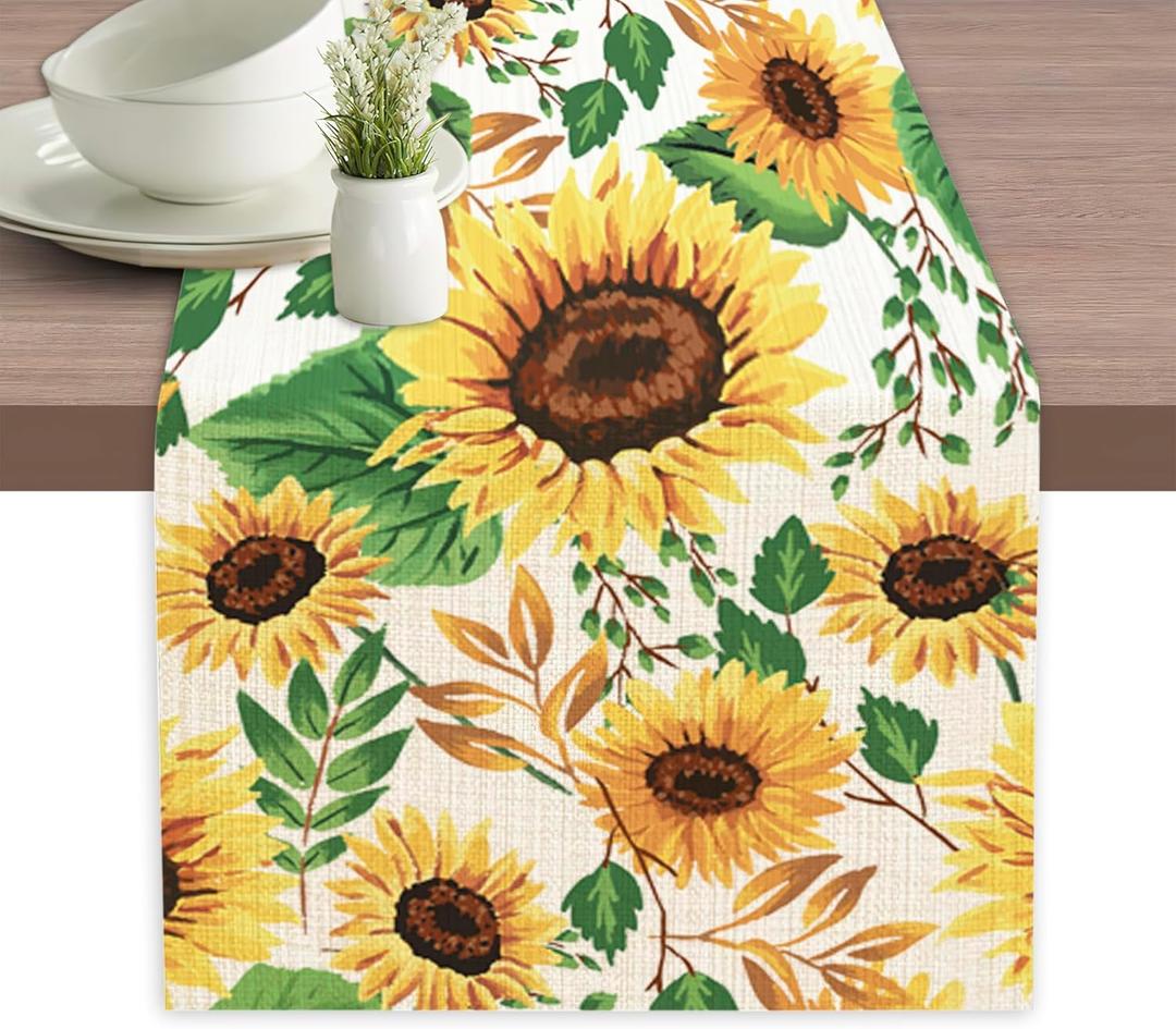 Table Runner Sunflower Leaves Table Runners Summer Seasonal Kitchen Dinning Decor for Indoor Outdoor Holiday Home Wedding Party 13x70 Inch