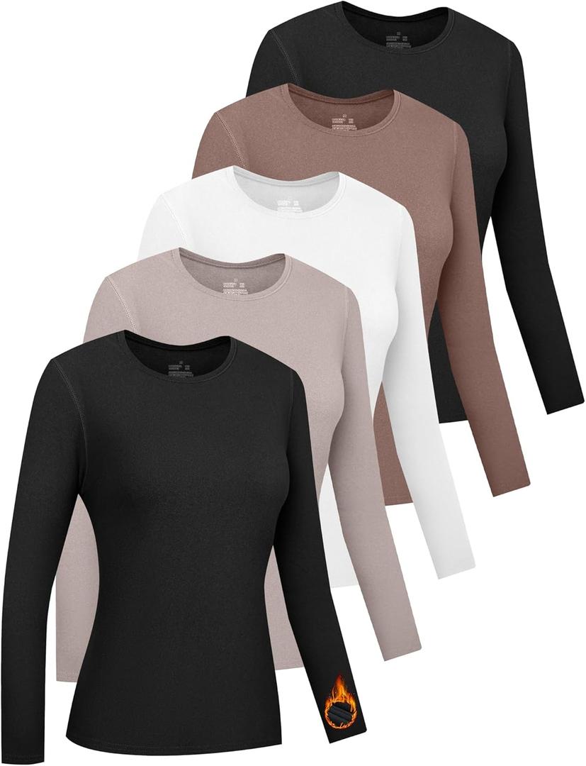 HOPLYNN 5 Pack Womens Long Sleeve Thermal Shirts Crew Neck Double Sided Fleece Lined Baselayer Tops for Cold Weather (X-Large, 2 Black 1 White 1 Coffee 1 Wheat)