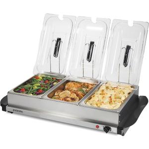 Proctor Silex Buffet Server & Food Warmer, Adjustable Heat, for Parties, Holidays and Entertaining, Three 2.5 Quart Oven-Safe Chafing Dish Set, Stainless Steel