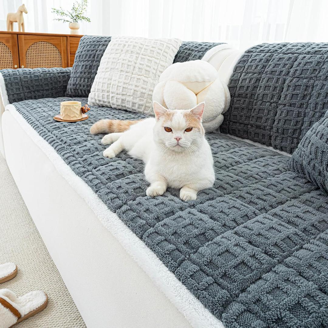 Dog Couch Cover, Couch Cover for Dogs Washable, Funny Fuzzy Plush Sofa Covers, Non Slip Dog Covers for Couches and Sofas, Sofa Pad Furniture Protector for L Shaped(Dark Grey, 27.5"x 59")
