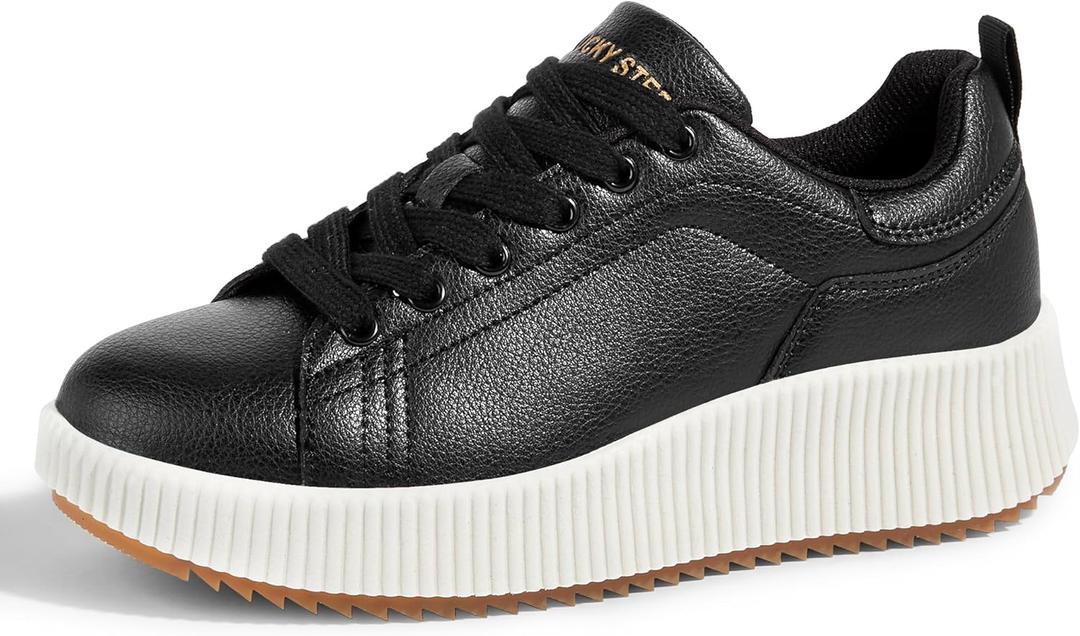 LUCKY STEP Women's Platform Sneakers Rhinestone Fashion Chunky Casual Sparkly Retro Braided Walking Shoes (10, Black Pu)