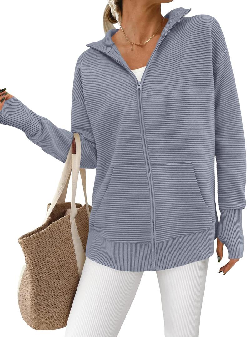 PRETTYGARDEN Women Spring 2026 Long Sleeve Zip Up Cardigan Sweaters Casual Loose Collared Ribbed Knit Tops Jackets Thumb Hole (Gray, L)
