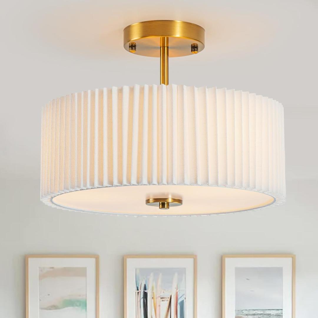 Bargeni Semi Flush Mount Ceiling Light Fixture,12.5 inch Drum Flush Mount Ceiling Light, Gold Light Fixtures Ceiling Mount, Cream White with Pleated Fabric Shade, Modern Ceiling Light for Bedroom, Hallway