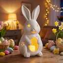 Easter Bunny Figurines 11 Inch Light up Easter Bunny Decorations White Resin Rabbit Figurines for Spring Indoor Rustic Decor Home Table Room Kitchen(Flower Style)