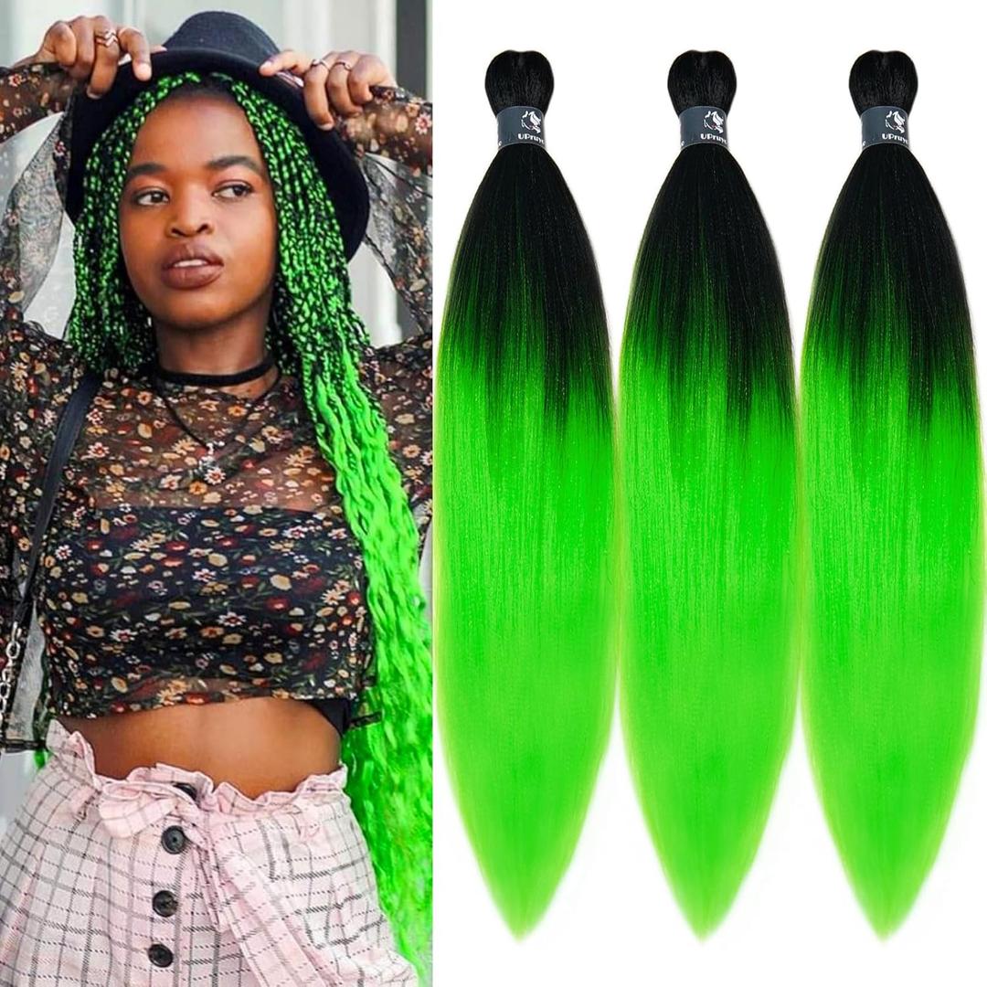 Green Braiding Hair Pre Stretched Ombre Kanekalo Prestretched Braiding Hair 26 inch Long Ombre Pre Stretched Braiding Hair Colored Synthetic Hair Extensions for Braiding (Ombre Green-3 Packs)