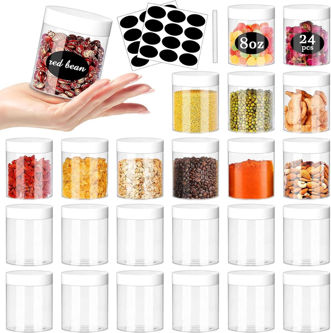 SLifeJars Plastic Jars 8oz Clear Plastic Slime Jars 24Pcs Empty Round Food Jar with White Lids Stackable Refillable Travel Jar Slime Containers for Slime Making Kitchen and House Storage