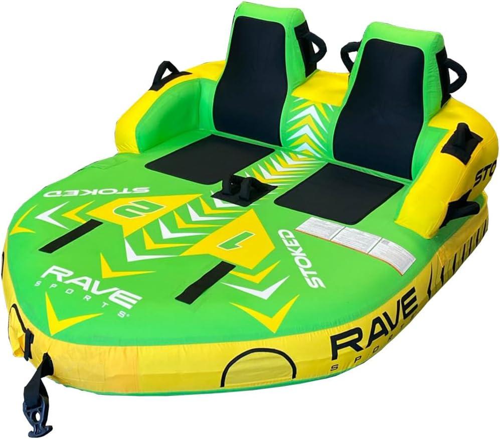 RAVE Sports Stoked Towable Tube, 1-2 Riders, Dual Tow Points, Stable Couch-Style Seats with Backrest, Durable Nylon Cover, Neoprene Padding, Foam-Filled Reinforced Handles, Boat Towables-Tubes