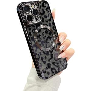 for iPhone 14 Pro Max Case Magnetic,Soft Cute Luxury Leopard Cheetah Pattern Plating Glitter Bling Phone Case Compatible with MagSafe Clear Shockproof Back Cover for Women Girl 6.7"-Black