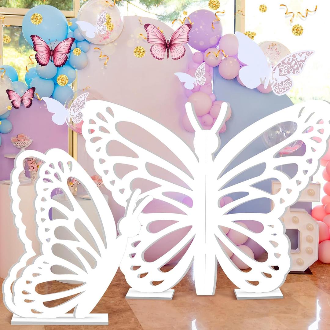 Yousoontic 2 Pcs Large Wooden Butterfly Props - Standing Wings Cutout Backdrop Decoration for Birthday, Baby Shower, Wedding Party (White,2.95 ft and 1.97 ft)