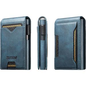 HAII for Slim Metal Slot Leather Wallet for Men, Pop-Up Design, Holds 9 Cards, Minimalist Pocket Wallet (Wax Oil Blue)