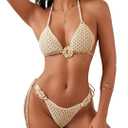 SHENHE Women's Crochet Swimsuits 2 Piece Triangle Halter 3D Flower String Bikini Set (Small, Apricot)