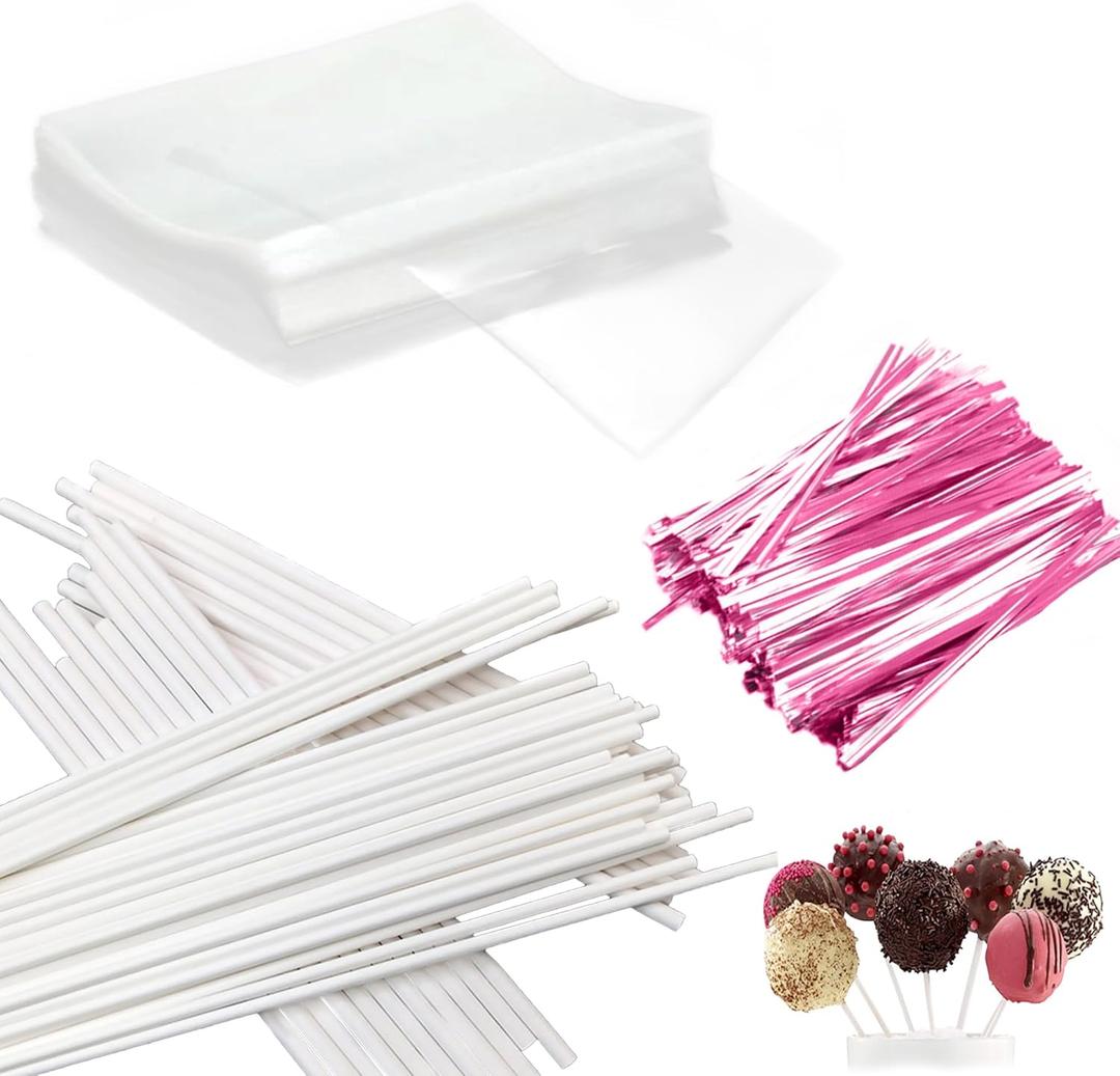 Basquei Cake Pop Sticks 6 Inches, Cake Pop Bags (3.9"X4.7"), Pink Metallic Twist Ties, 300 Pcs Cake Pop Kit Used for, Lollipops Cake, Candies, Chocolates Making Tools