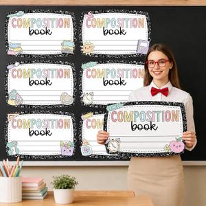 6Pcs Composition Book Bulletin Board Decoration Paper Composition Notebook Classroom Labels Names Tags Large Desk Name Plates 23.6 x 15.7 Inch Bulletin Board Trim for School Wall Door Teacher Supplies