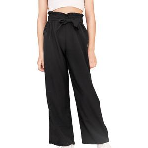 WDIRARA Girl's Paper Bag Waist Belted Wide Leg Pants Casual Elastic High Waist Pants (Black, 16Y)