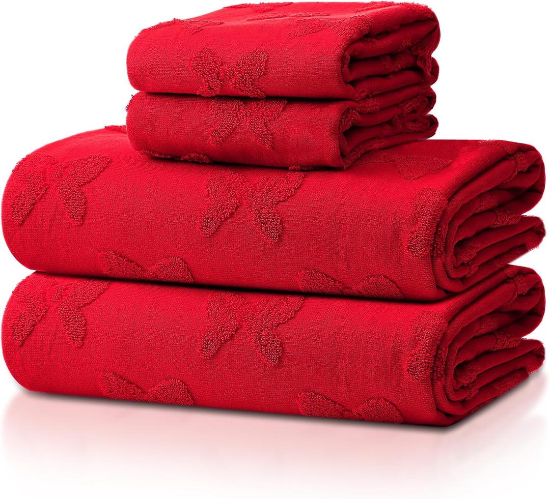 Peryiter 4 Pcs Christmas Red Bow Hand Towels and Bath Towels Set for Bathroom 100% Cotton Absorbent Decorative Jacquard Weave Coquette Bathroom Decoration Preppy Bath Decoration Gift