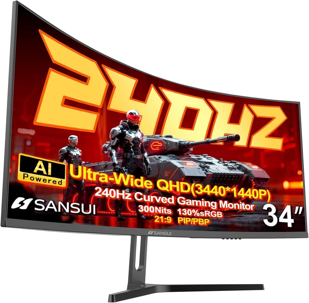 SANSUI 34 Inch 240Hz Curved Ultrawide UWQHD 3440x1440 Gaming Monitor, 21:9 2K Curved Monitor 1500R,Fast VA, PIP/PBP,AI Crosshair,AIPQ(Visual Enhance),MPRT 1ms,HDR,HDMI2.1 * 2,DP1.4 * 2(DP Cable Incl.)
