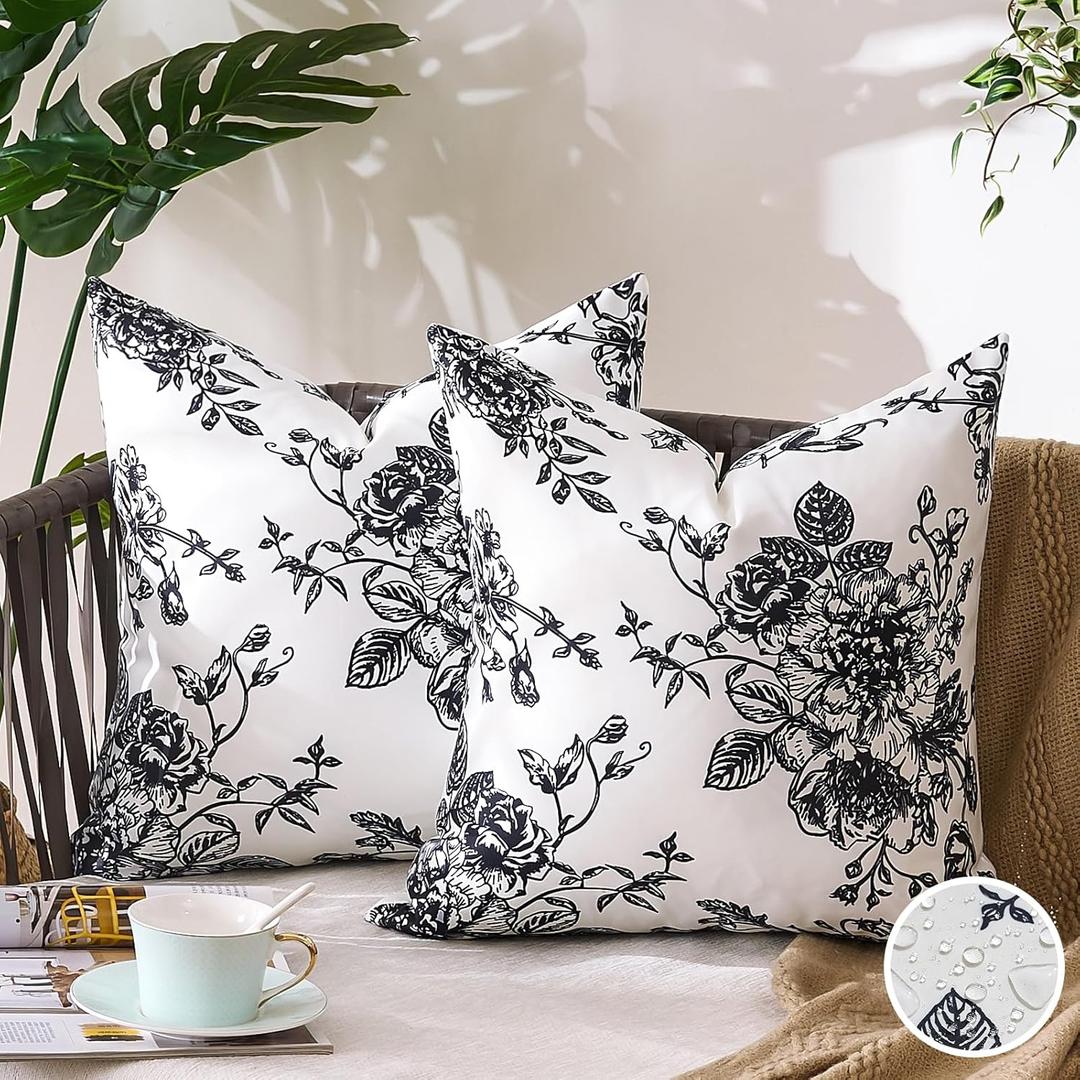 Black and White Outdoor Pillow Covers 18x18 Inch Waterproof Farmhouse Square Decorative Throw Pillows Covers for Patio Couch Floral Pattern Sofa Tent Pillowcases Set of 2