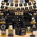 98th Birthday Decorations for Women Men, 18PCS Black Gold Back in 1928 Banner Decorations, Bday Backdrop, 98 Year Old Banner for Grandma Grandpa, Birthday Card, 6 Paper Poms 9 Honeycomb Balls