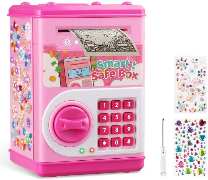 Piggy Bank for Kids, ATM Bank Cash Coin Can Electronic Money Bank for Boys Girl, STOPKLAS Kids Safe Money Jar with Password Coin Savings Box with DIY Stickers (Pink)