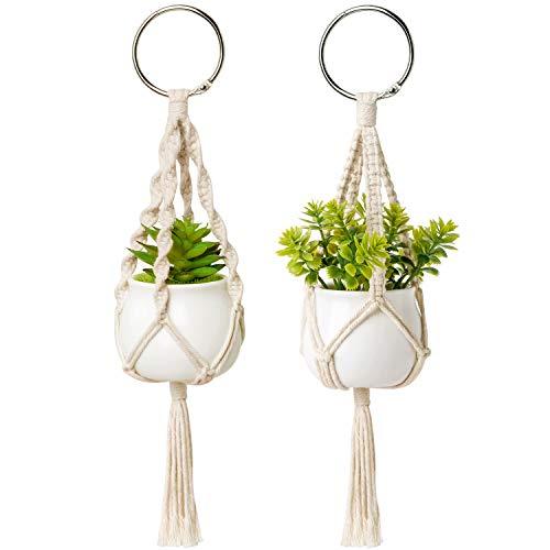 Dahey Mini Macrame Plant Car Accessories Rear View Mirrior Charm Cute Hanging Rearview Car Decor Boho Small Hanger with Artificial Succulent Plants for Plant Lover, 2 Pcs, 10.5 inch, White