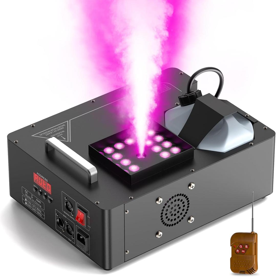1500W Fog Machine with Lights 24 RGB LED Stage Smoke Machine Vertical Halloween Smoke Machine DMX/Wireless/Manual Control 2.5 Liters with 20000 CFM for Wedding Christmas Party Outdoor Indoor (black)
