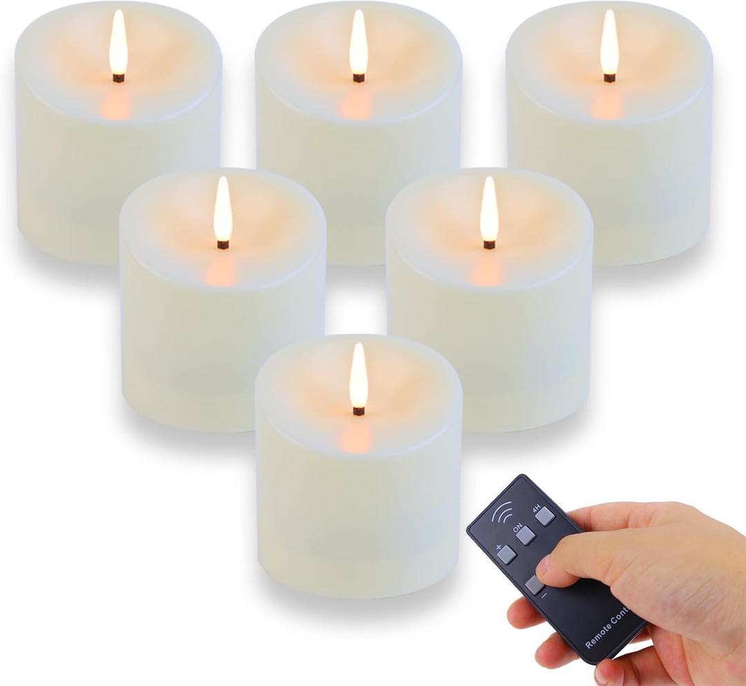 TECHLONG 3"x3" Flickering Flameless Candles Waterproof, Battery Operated Candles with Remote Timer, Last 600 Hours Electric Fake LED Candles for Halloween Christmas Decoration, Ivory White, Set of 6