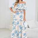 HUUSA 2025 Summer 2 Piece Boho Outfits for Women Short Sleeve Off Shoulder Crop Top and High Waist Flowy Long Skirt Set, Size: L