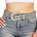 Western-Belts for Women, Men-Belt with Rhinestone Buckle-Belts, Turquoise Carved Pattern Western-Belts (1.5" Silver Rhinestone Belt)