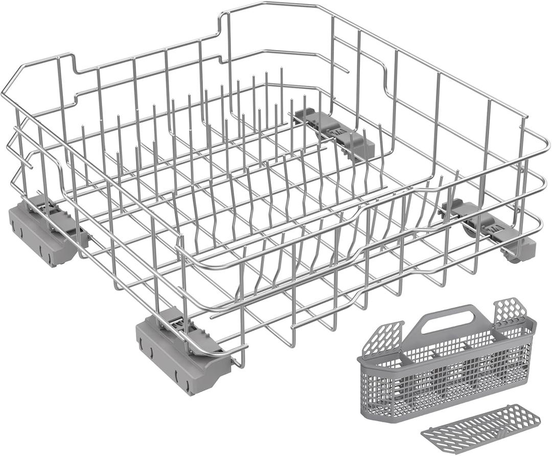 UPGRADED WD28X26099 Dishwasher Lower Rack-304 Stainless Steel Compatible with General Electric GE Dishwasher Racks GDT535PSM0SS GDF510PSM0SS With WD28X10128 Silverware Basket & Dishwasher Rack Wheels