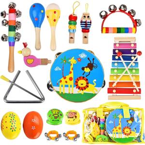 Kids Musical Instruments Set, 20 Pcs Toddler Wooden Percussion Instruments for Baby Children with Tambourine Xylophone Maracas, Preschool Musical Toys Set for Boys and Girls with Carrying Bag