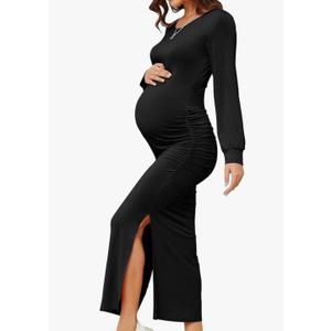 Women's Maternity Dress Long Sleeve Bodycon Split Maxi Dresses for Baby Shower 2025 Spring Pregnancy Clothes Medium Black