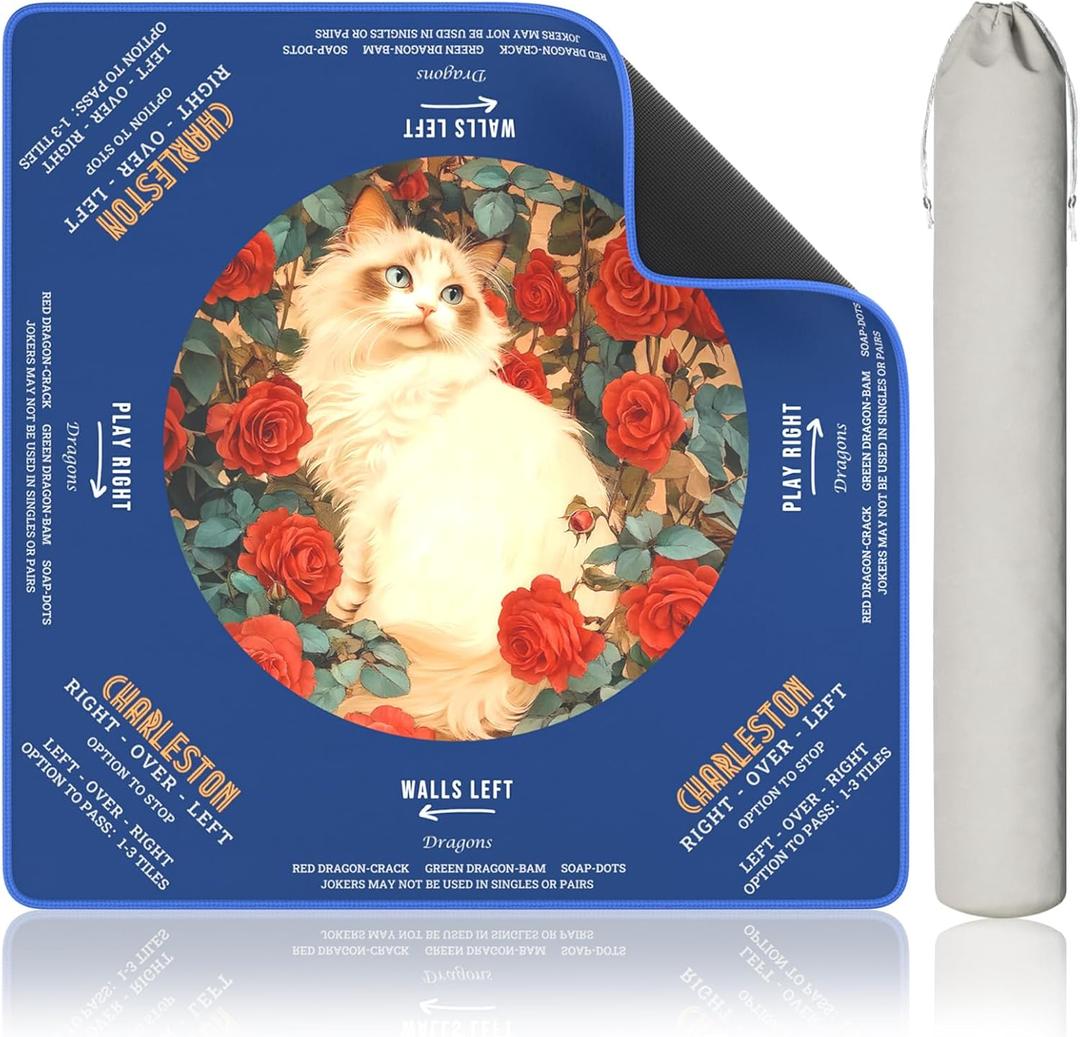 Mahjong Mat for Table, 31.5 x 31.5 Inch Non-Slip Mahjong Mat, Vintage Cat and Rose Design Mahjong Table Mat, Foldable Soft Surface for American Mahjong & Tile Games (Blue)