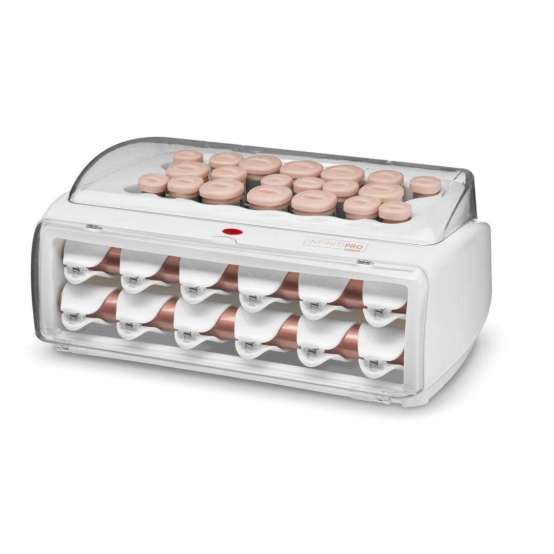 INFINITI PRO CONAIR Ceramic Flocked Hot Rollers for Women, 20 Assorted Hair Curlers with Clips, 85-Second Heat-Up, For Long, Medium, and All Hair, White (1 Count (Pack of 1))