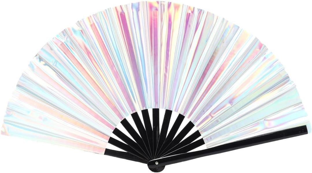 Folding Fan UV Glow Rave Bamboo Summer Hand Fan Laser Silver Decoration Dancing Party Wedding Night Club Concert Festival Large (Multicoloured-18, M)
