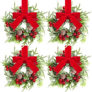 Dingion 4 Pcs Mini Christmas Kitchen Cabinet Wreath Small Christmas Wreath Decorations Norfolk Pine Artificial Berries Snowy Pine Garland with Red Ribbon for Xmas Table Centerpiece Front Door Decor