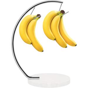 Livabber Banana Holder with Marble Base, Metal Banana Hanger Modern Tree Stand with Hook, Stylish Banana Keeper Fresh Fruit Storage Organizer Freestanding for Kitchen Countertop (Chrome, Double Hook)