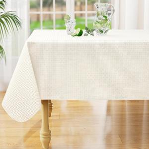 Misaya Rectangle Waterproof Vinyl Table Cloth, Plastic Tablecloth with Flannel Backing, Wipeable Table Cover for Dinner, Picnic, Indoor and Outdoor (Weave Patternd, 60" x 84") (Light Khaki)