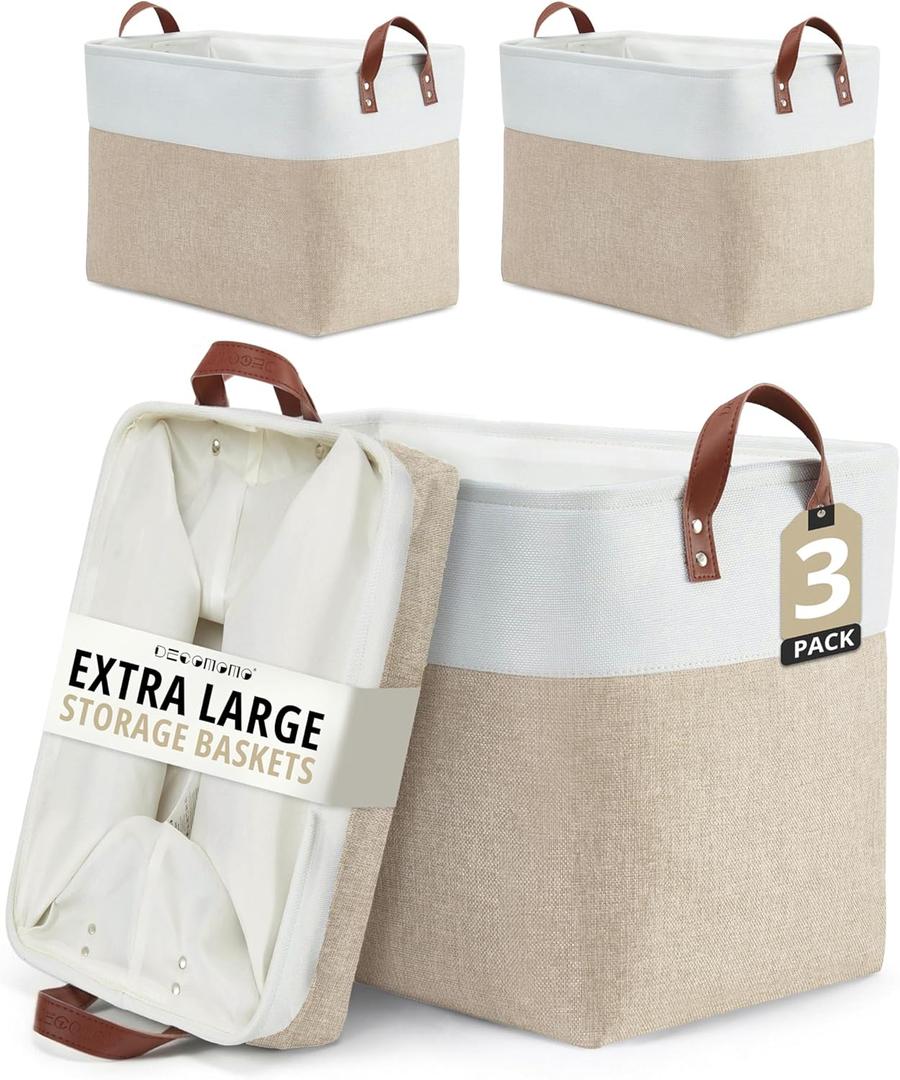 DECOMOMO Extra Large Storage Baskets, Fabric Storage Bins with Handles for Organizing Shelves, Toys, Nursery, Laundry (Beige & White, 3pcs) (XXL - 3 Pack)