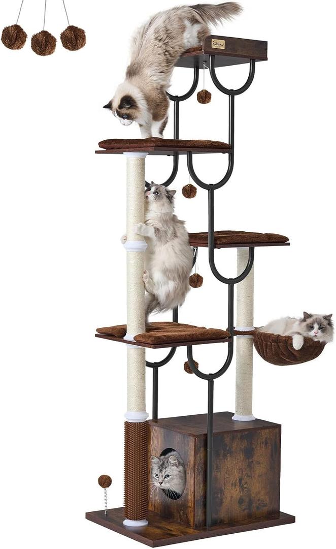 FourFurPets Cat Tree for Large Cats, Modern Cat Tree Tower with Scratching Post, 74" Wooden Cat Tower for Multiple Adult Cats, Cat Condo for Adult Cats, 4 Large Perch, 1 Cat Caves, Rustic Brown, 26.5"l × 18.8"w × 74"h