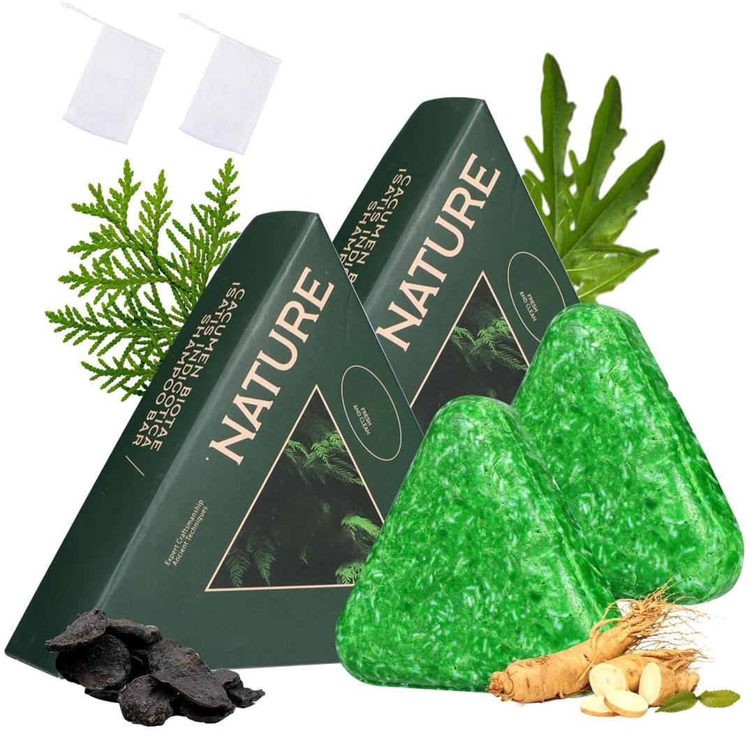 1Pcs Nature Seven Green Soap Shampoo, Nature Triangle Shampoo Bar, Polygonum Shampoos Soap, Cepress Orientalis Usman Herbal Hair Strengthening Soap, Strengthens Smooths Hair