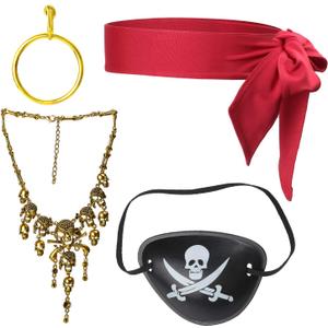 Beelittle Captain Pirate Costume Accessories Set Red Headband Pirate Skull Eye Patch Gold Earrring Necklace