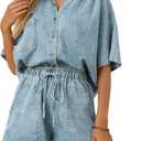 Zilcremo Womens 2 Piece Outfits Summer Denim Sets Short Sleeve Button Down Crop Jean Shirts High Waist Denim Shorts Sets (X-Large, Lightblue)