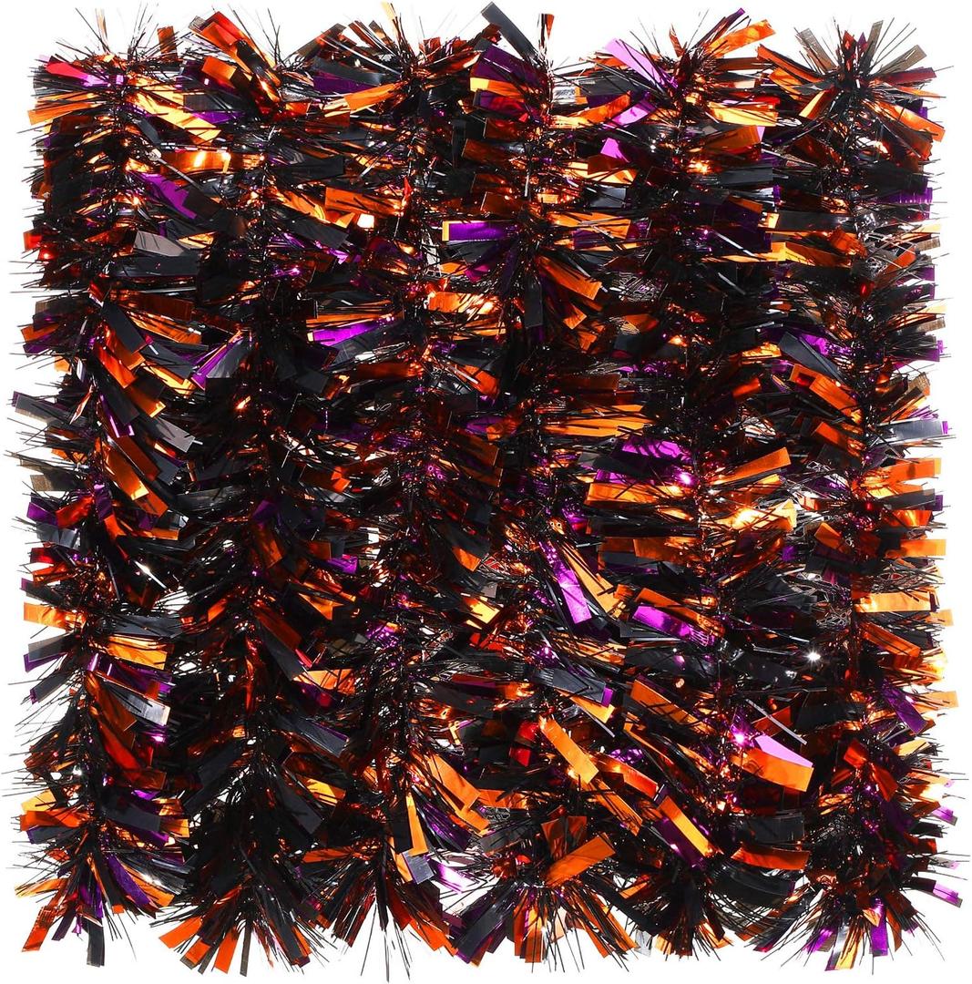 WILLBOND 39.4FT/12M Halloween Tinsel Garland Chunky Glittering Tinsel Mixed Color Metallic Shiny Hanging Oranment for Halloween Party Indoor Outdoor Decoration(Black, Orange and Purple Mixed)