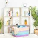 MINTWOOD Design 22in Extra Large Blanket Basket Holder Living Room, Rectangle Rope Woven Storage Basket with Handles for Laundry, Pool Towels, and Shoes, Dog Toy Organizer Bin Box, Pastel Rainbow