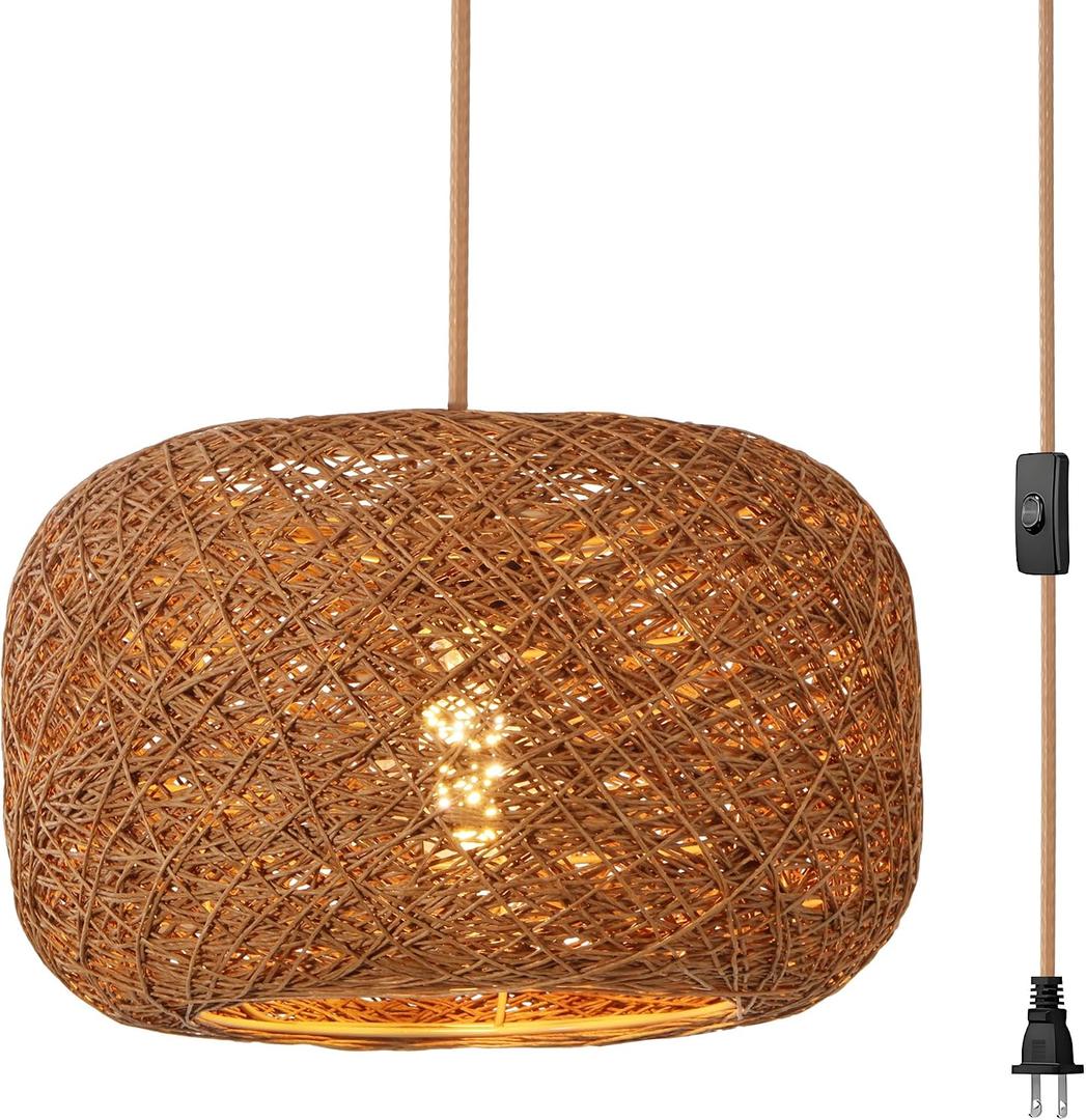 Plug in Pendant Light with Woven Rattan Lampshade, 12 Boho Hanging Lamp with 15FT Cord & On/Off Switch, E26 Socket, Ceiling Hook Installation for Bedroom Living Room Dining Nook Apartment