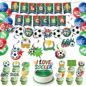 3 x 2026 World Soccer Cup Party Decorations,50PCS Football Themed Party Supplies with Banner, Balloons, Hanging Swirls, Cake & Cupcake Toppers for Soccer Birthday Party Celebrations