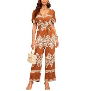 DUKAKII Women's Floral Jumpsuit Boho Jumpsuit Floating Short Sleeve V-Neck Elasticized Drawstring Jumpsuit with Pockets, M