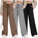 3 Pack Girls' Sweatpants Wide Leg Drawstring Casual Kids Joggers Open Bottom Loose Solid Teen Pants with Pockets (XX-Large, Camel, Light Gray, Black)