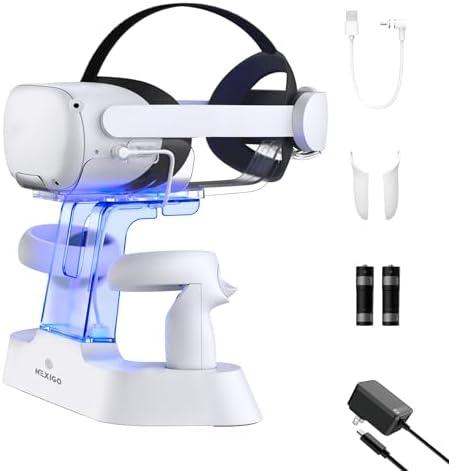 NexiGo Enhanced Charging Dock with LED Light [On/Off] for Oculus Quest 2, [Support Elite Strap with Battery], Headset Display Holder and Controller Mount, 2 Rechargeable Batteries, USB-C Charger